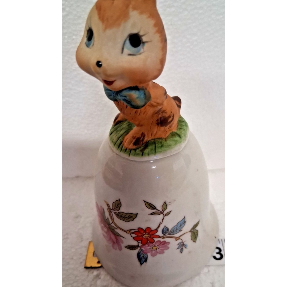 Bisque Cat with Bow Tie on Porcelain Floral Bell 5" Tall